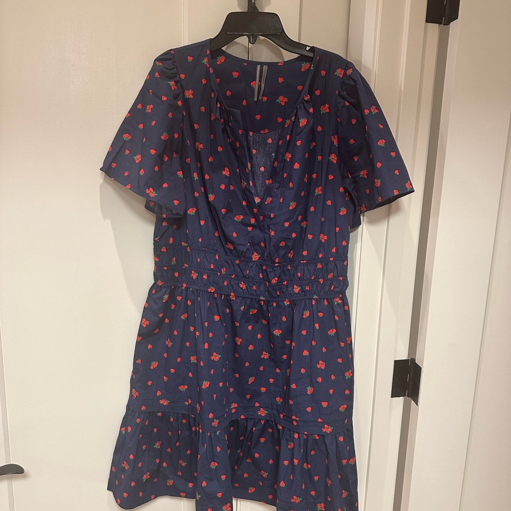 Anthropologie Somerset Navy Dress with Red Strawberry Print